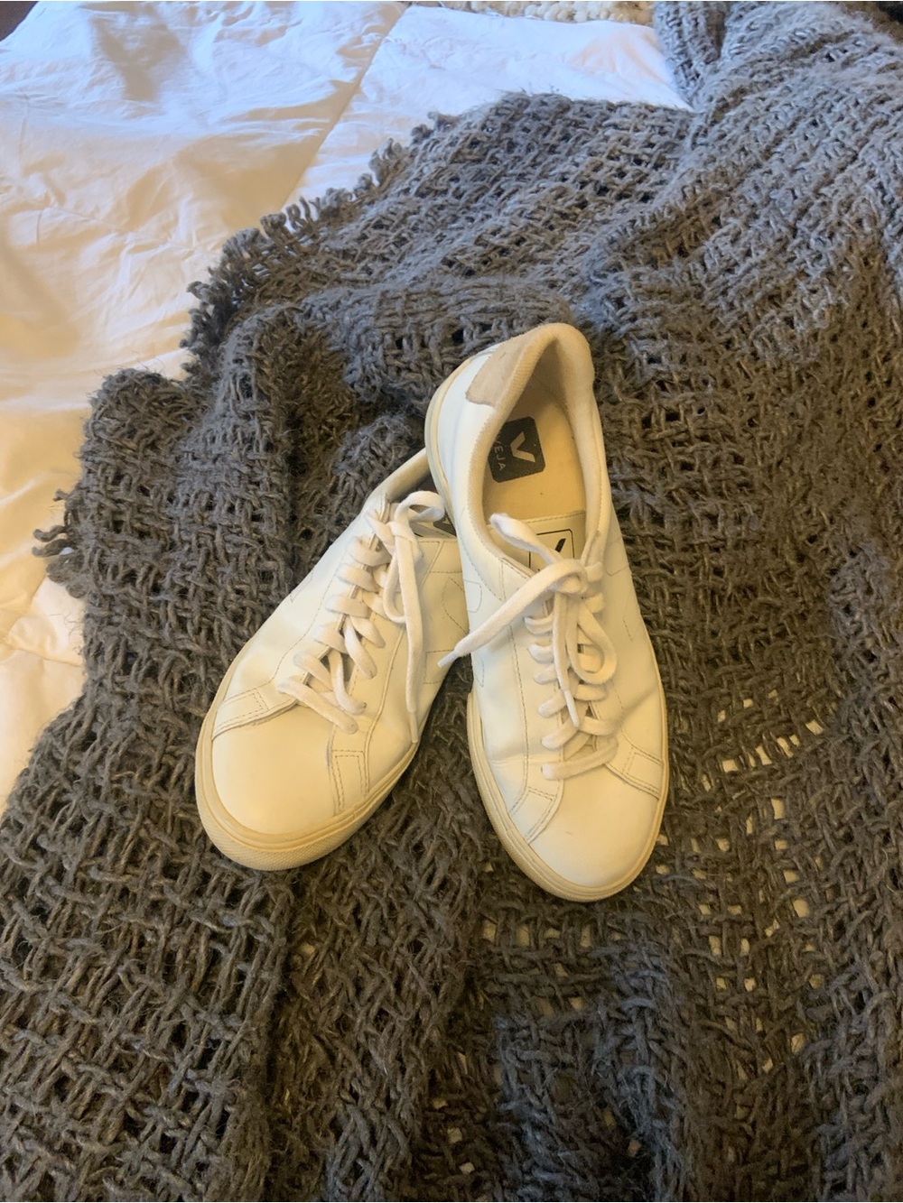 Veja White Leather Low-Top Sneakers with Beige Heel Tab